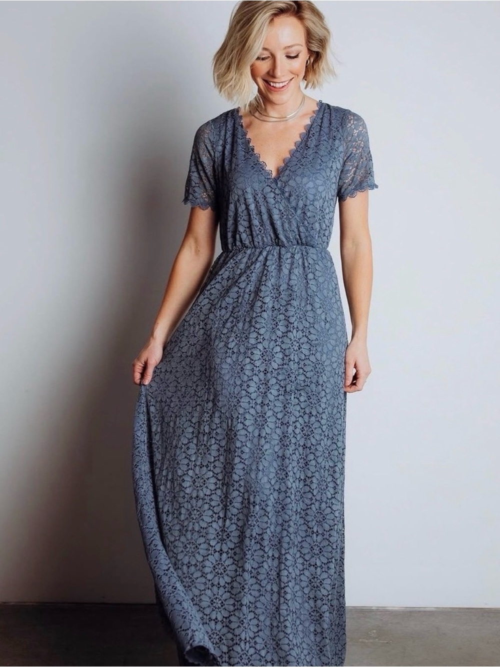 Women's Lace V-Neck Maxi Dress in Slate Blue fall wedding guest